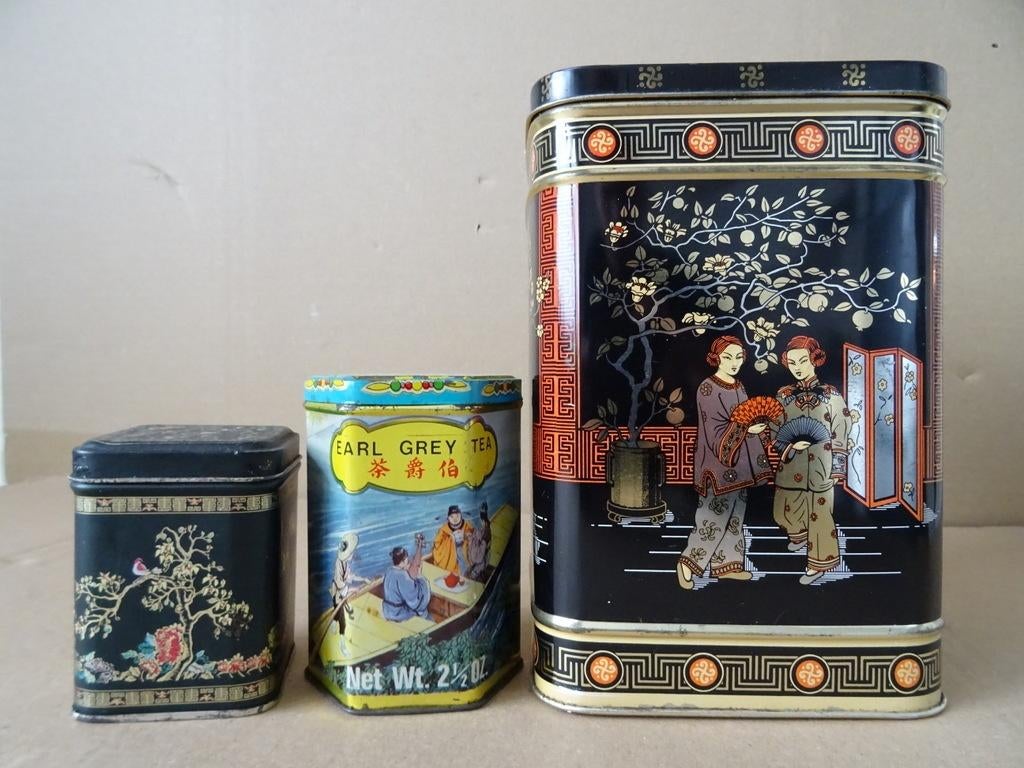 Vintage set theeblikken o.a. Kwong Sang Tea Co Hong Kong, Ophalen of Verzenden, Gebruikt, Thee, Overige merken