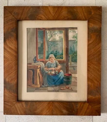 Antieke Aquarel - Dienstmeid - Dirk Schouten 1867 Dordrecht, Ophalen of Verzenden