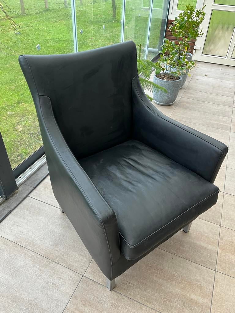 ZGAN Machalke zwarte lederen fauteuil, Huis en Inrichting, Fauteuils, Ophalen, Zo goed als nieuw, Leer, 75 tot 100 cm