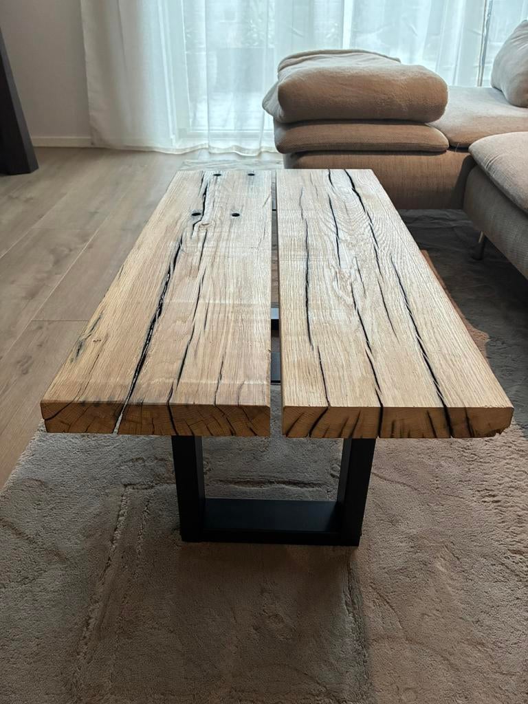 Handgemaakte Japandi salontafel, massief eiken spoorbiels, Ophalen, Eikenhout, Nieuw, 50 tot 100 cm