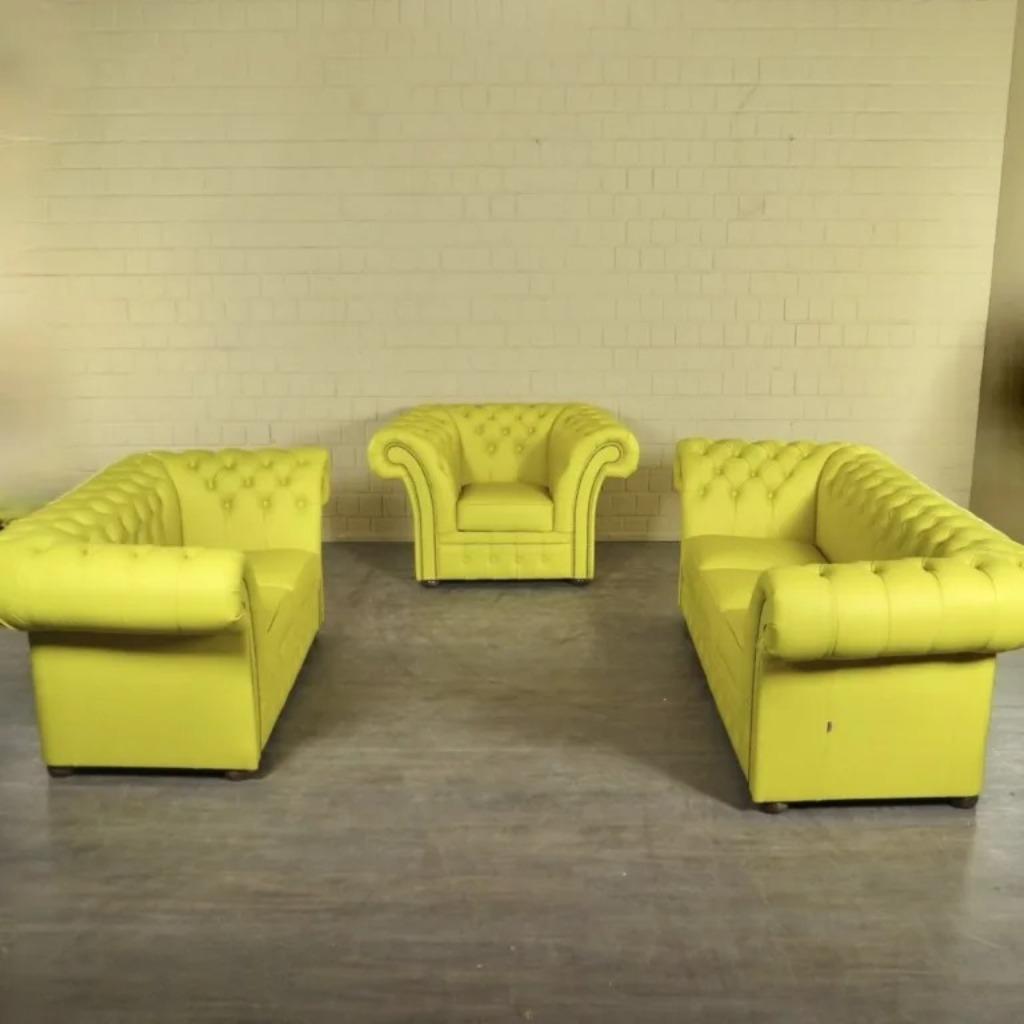 23693 Chesterfield Bankstel Geel 3-2-1 Leder, Ophalen, Nieuw, Leer, Chesterfield
