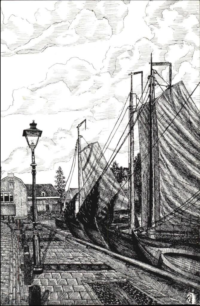 Spakenburg (U) Oude haven. Mooie pentekening., Ophalen of Verzenden, 1960 tot 1980, Gelopen, Utrecht