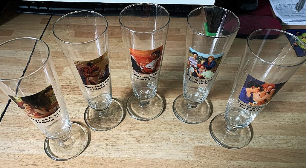 5 Bierglazen met opschrift........, Ophalen, Gebruikt, Glas of Glazen, Overige merken