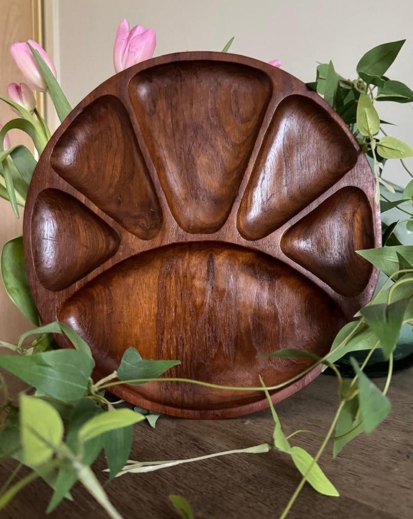 Vintage Teakhouten Snacktray – Borrelbord 30cm! 70’s Design, Ophalen of Verzenden, Zo goed als nieuw, Rond, Hout