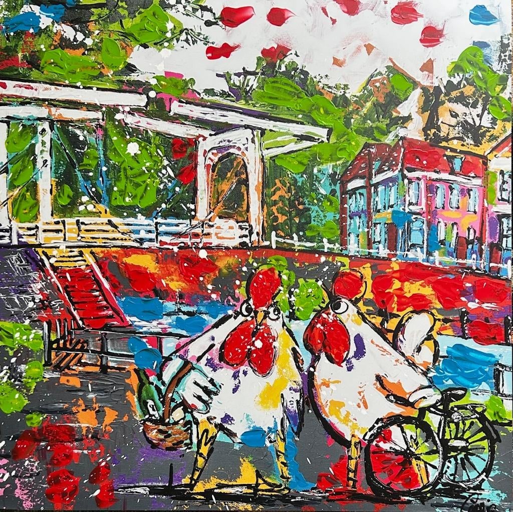 Corrie Leushuis - Twee kippen en stadsgezicht, Antiek en Kunst, Kunst | Schilderijen | Modern, Ophalen