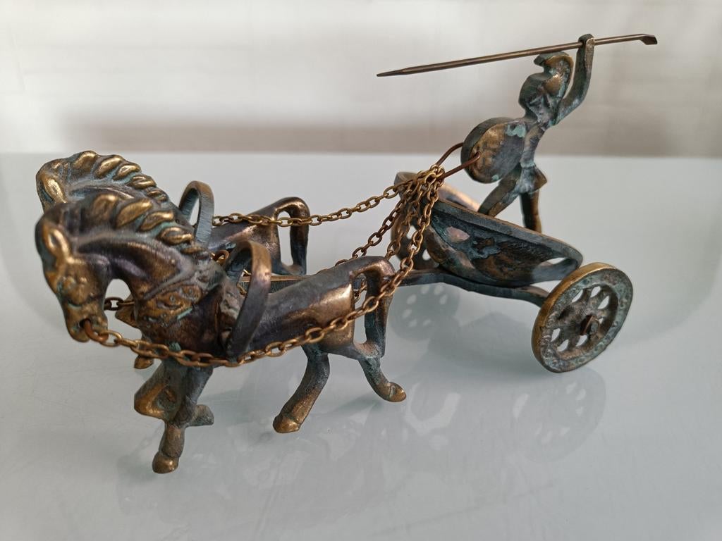 Oude bronzen Achilles met strijdkar en paarden., Antiek en Kunst, Ophalen of Verzenden, Brons
