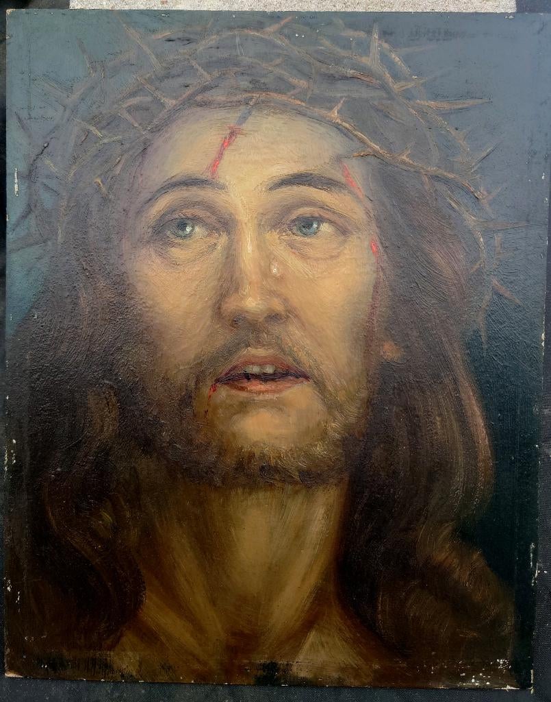 Portrt van huilende Jezus ~1920, olieverf op karton paneel, Ophalen of Verzenden
