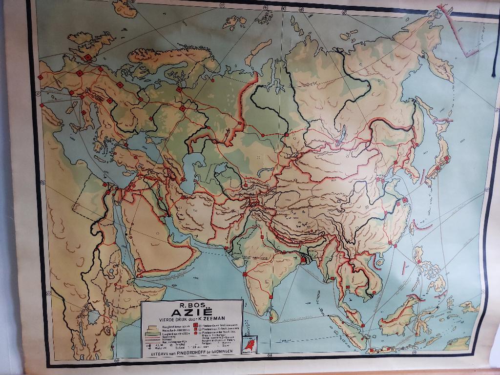 Antieke schoolkaart Azië uitgave R. Bos, Antiek en Kunst, Antiek | Schoolplaten, Ophalen, Aardrijkskunde
