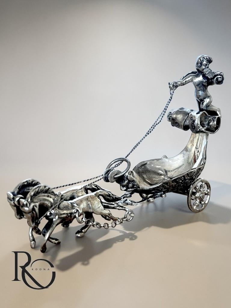 Zilveren miniatuur koets met paarden en engel 835, Antiek en Kunst, Ophalen of Verzenden, Zilver