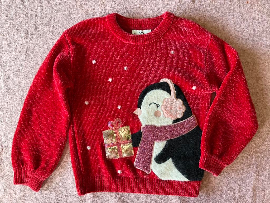 Leuke trui meisje rood pinguin 134, Kinderen en Baby's, Kinderkleding | Maat 134, Ophalen of Verzenden, Zo goed als nieuw, Meisje
