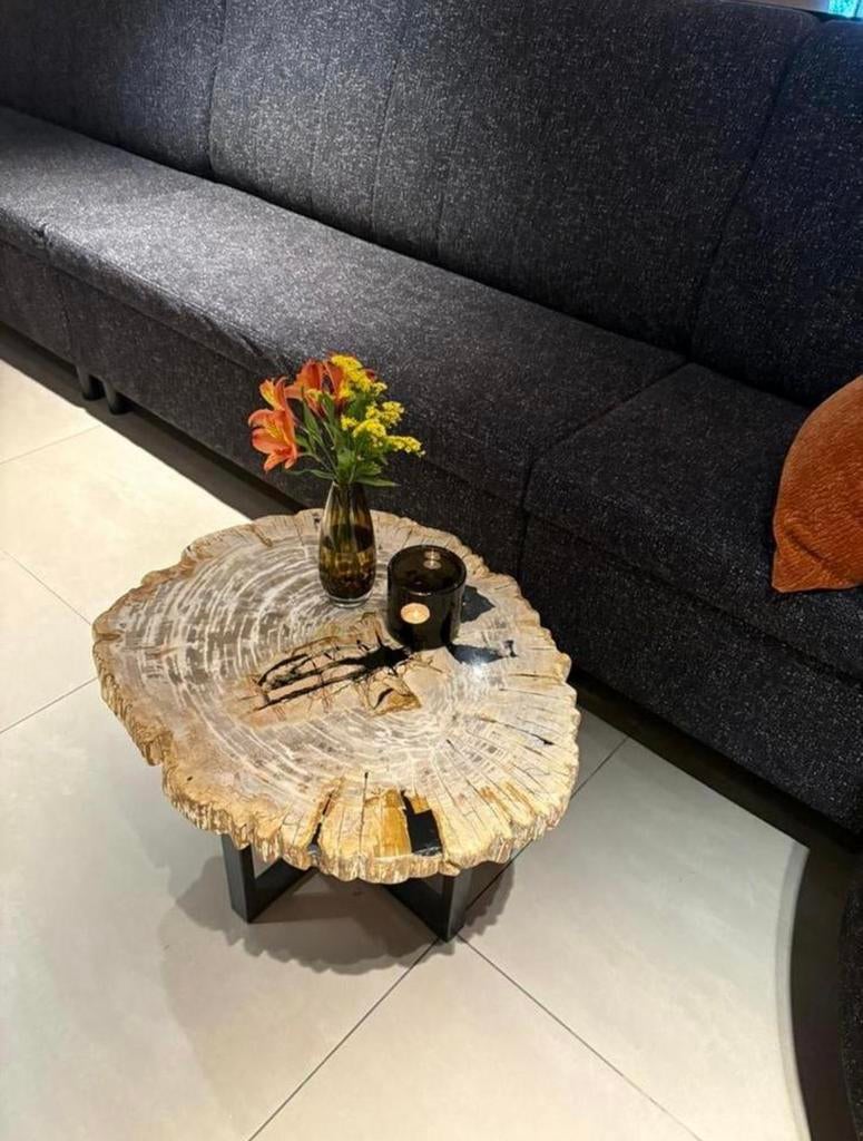 Versteend houten salontafels bijzettafels €249,- !, Ophalen, 50 tot 100 cm, Rond, Zo goed als nieuw