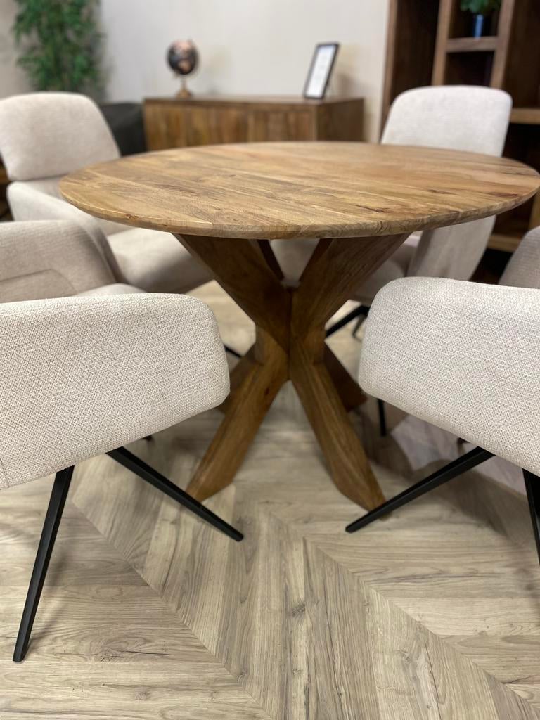 LEEGVERKOOP MANGO TAFEL ROND MET MASSIEF HOUTEN ONDERSTEL !, Huis en Inrichting, Tafels | Eettafels, Overige materialen, 100 tot 150 cm