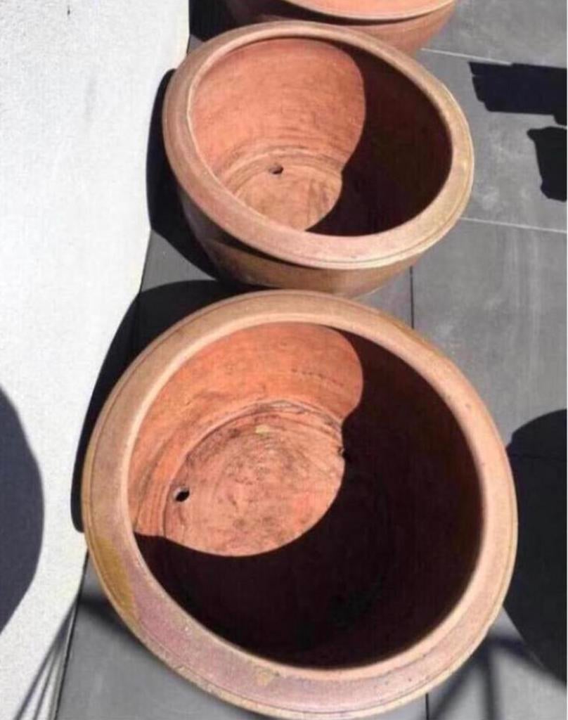 Grote terracotta bloempotten, Tuin en Terras, Bloempotten, 40 cm of meer, Rond, Ophalen of Verzenden, Zo goed als nieuw