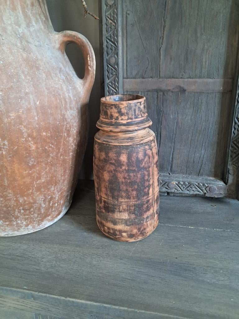 Prachtige oud houten nepalese kruik vaas, Ophalen of Verzenden, Gebruikt, Hout