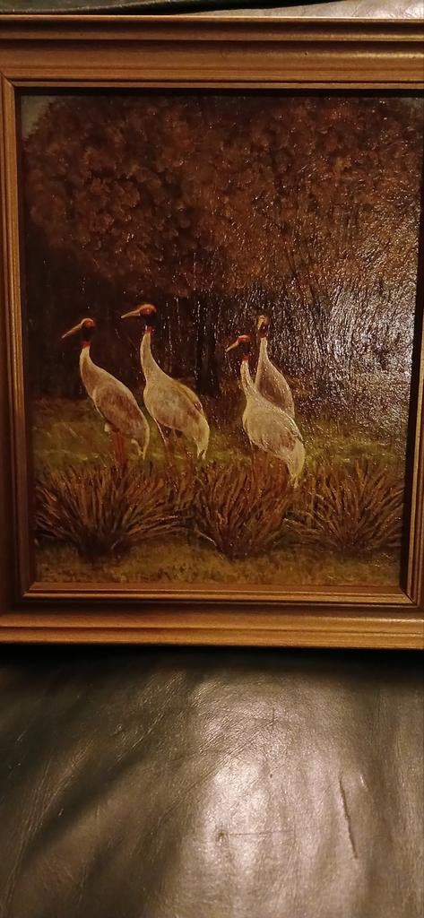 Olieverfschilderij met kraanvogels in landschap € 90,00, Ophalen