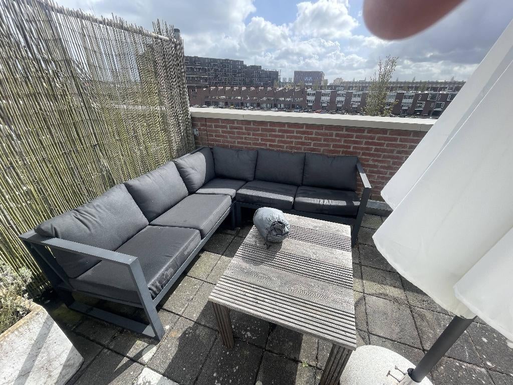 Zwarte aluminium tuin loungeset inclusief tafel en parasol, Ophalen, 5 zitplaatsen, Gebruikt, Aluminium