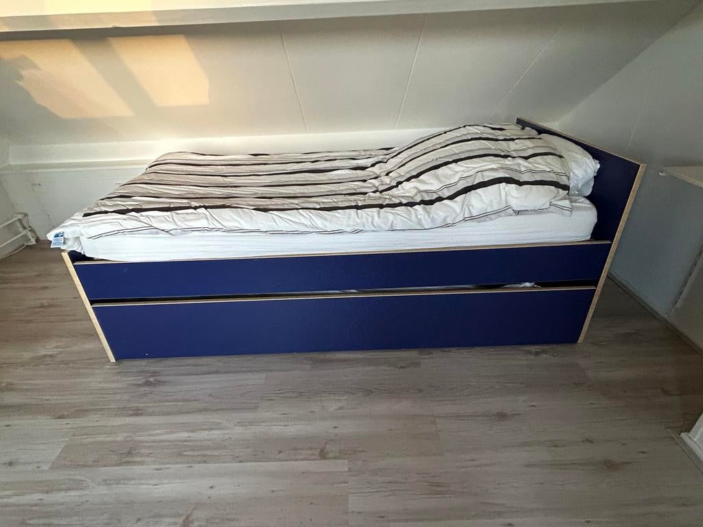 Uitschuifbaar bed blauw, Ophalen, 90 cm, Blauw, Tweepersoons