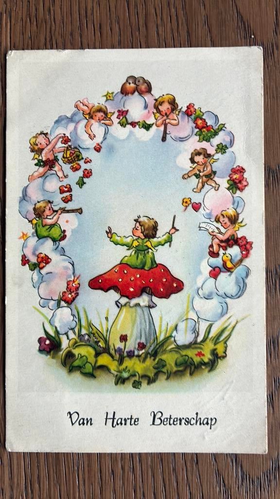 Engeltje op paddestoel dirigeert.Engeltjes op wolken,muziek, Verzamelen, Ophalen of Verzenden, 1940 tot 1960, Gelopen, Kinderen