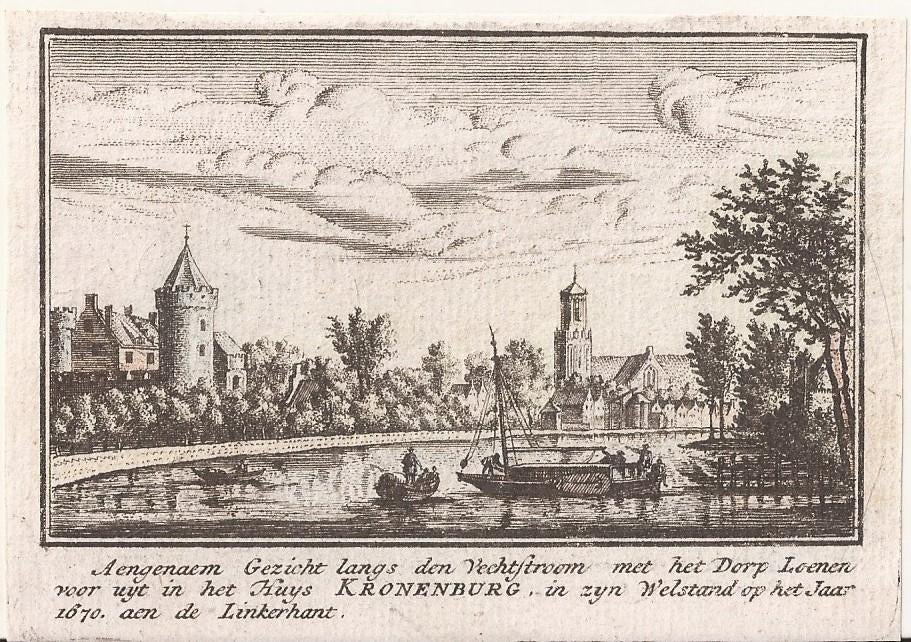 Aengenaem Gezicht langs den Vechtstroom met het Dorp Loenen, Origineel, Ophalen of Verzenden, Gravure, Landschap