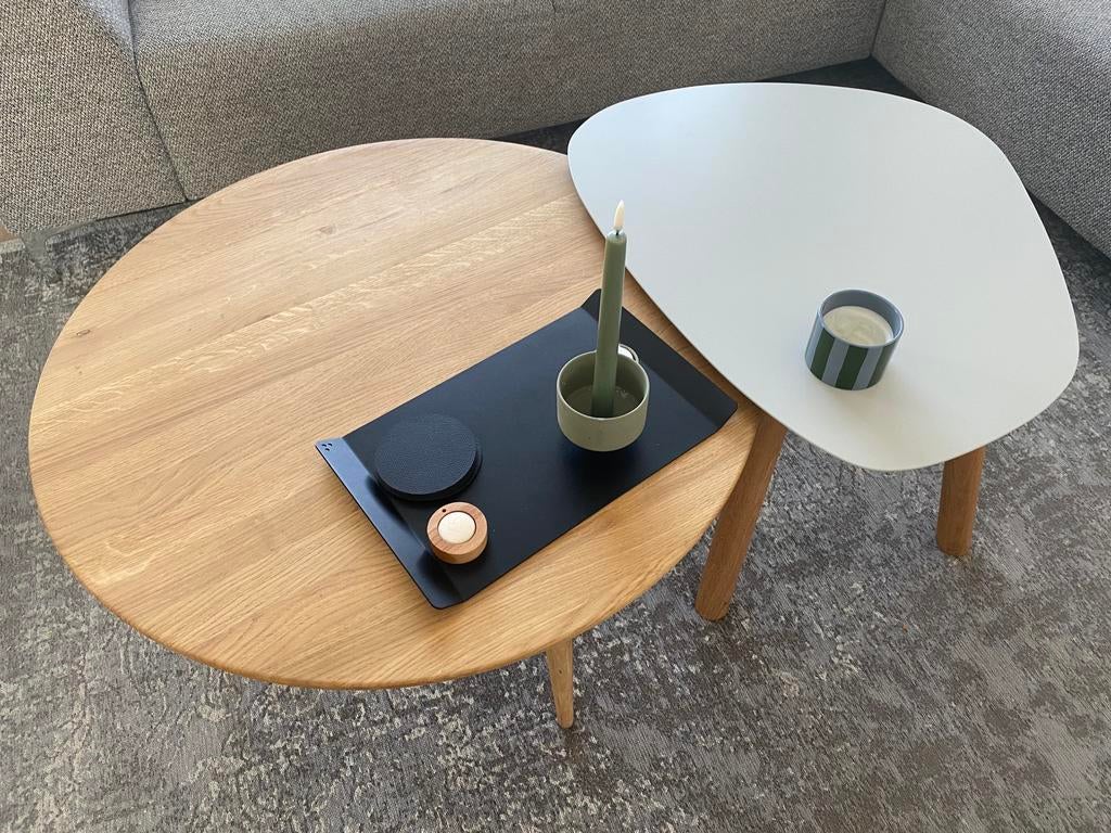 Moderne salontafels grijs staal en eikenhout, Huis en Inrichting, Tafels | Salontafels, Ophalen, 100 tot 150 cm, Rond, 50 tot 100 cm