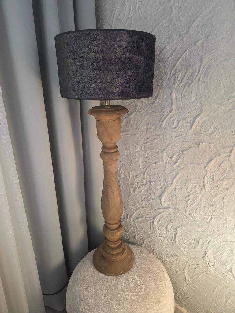 Baluster Lamp - Houten Tafellamp met Zwarte Kap, Gebruikt, Ophalen of Verzenden, Stof, Minder dan 100 cm
