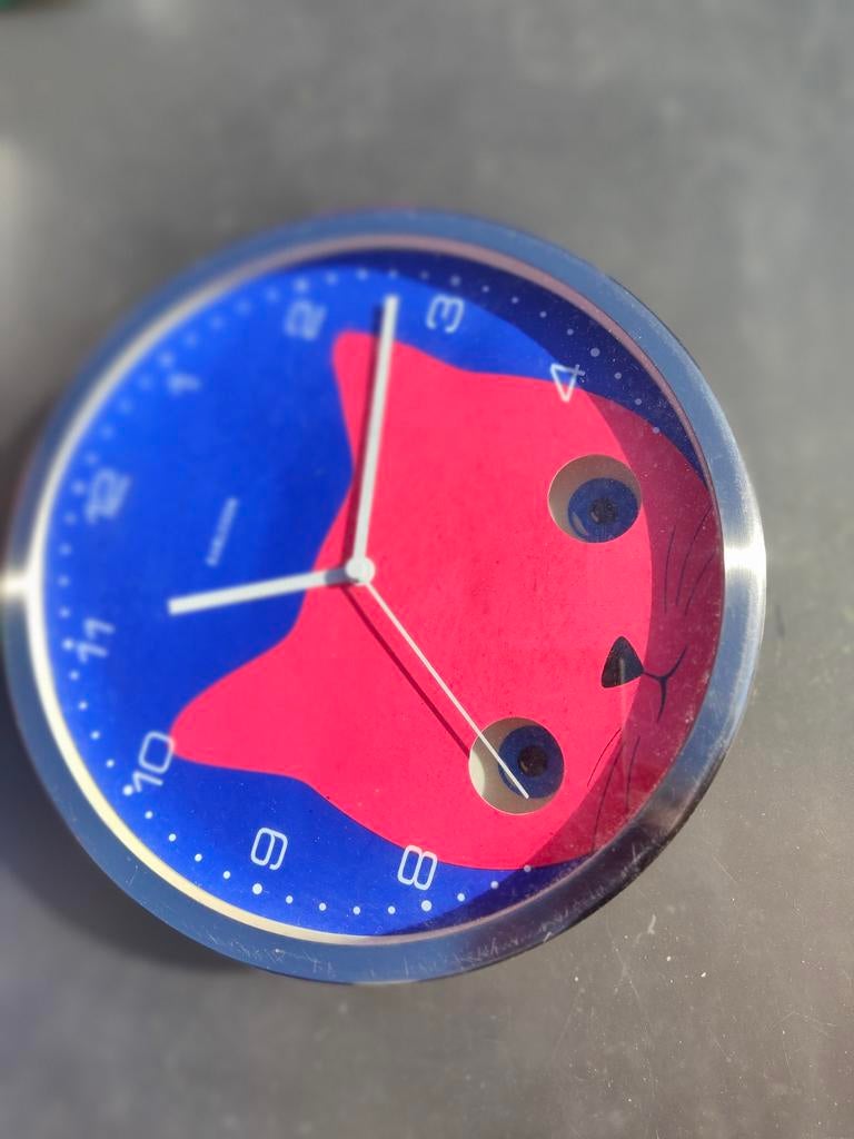 Karlsson wandklok met kattengezicht kat poes klok, Ophalen of Verzenden