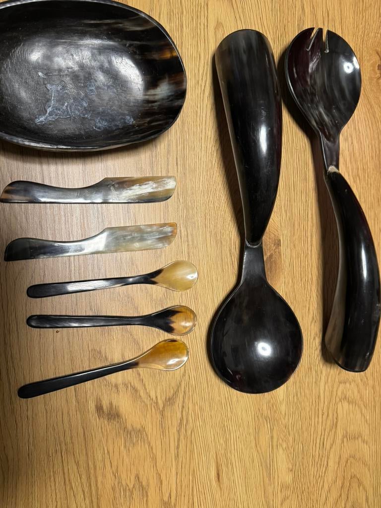 8 Indonesische Hoornen Rijstlepels Vintage, Ophalen of Verzenden, Zo goed als nieuw, Rvs of Chroom