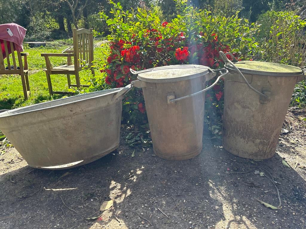 Vintage Zinken Emmers en Teil, Ophalen, Gebruikt, Zink, Met deksel