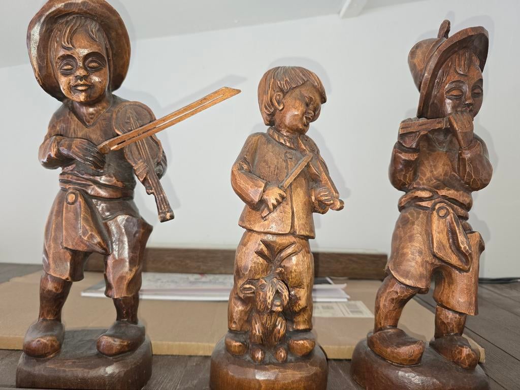 3 houten beeldjes van muzikanten, Antiek en Kunst, Kunst | Beelden en Houtsnijwerken, Ophalen of Verzenden