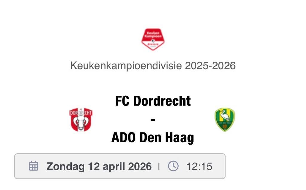 Gezocht FC Dordrecht-ADO Den Haag, Tickets en Kaartjes, Sport | Voetbal, Losse kaart, Twee personen, April