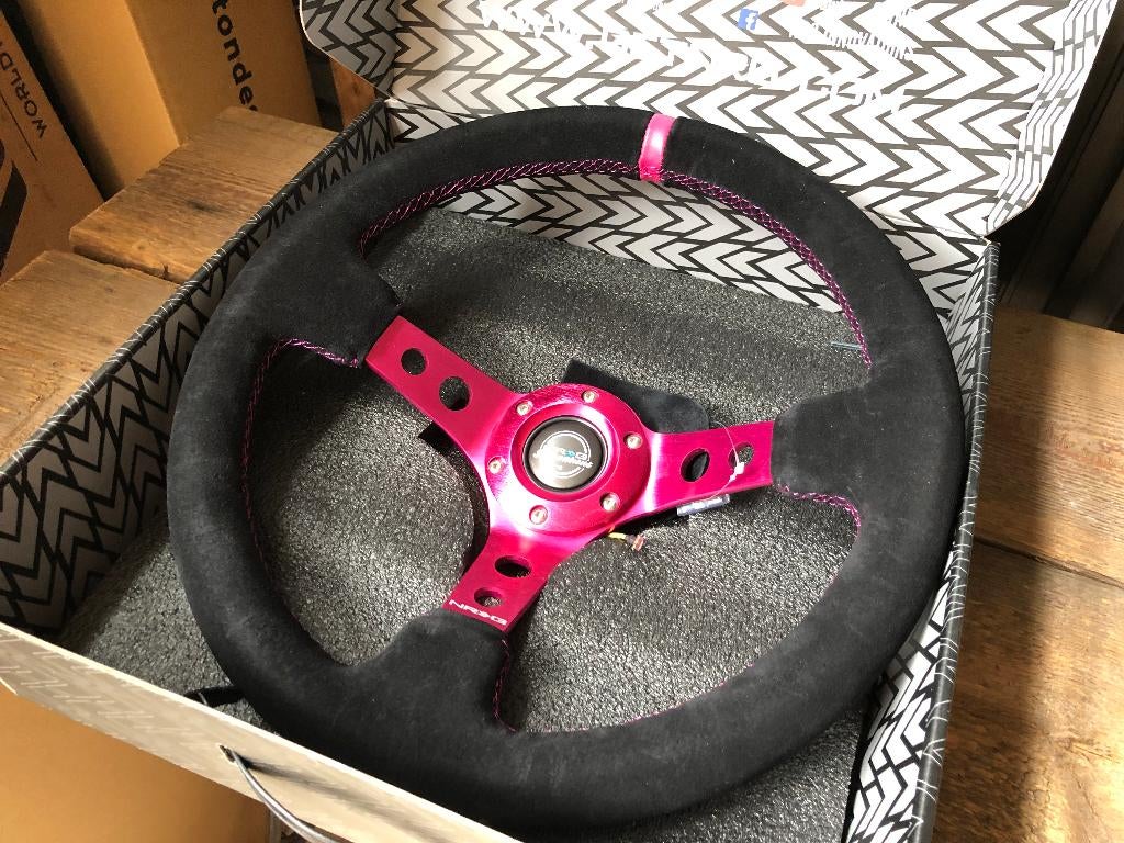 NRG Sportstuur suede 350mm roze paars zwart deep dish 75mm, Ophalen of Verzenden