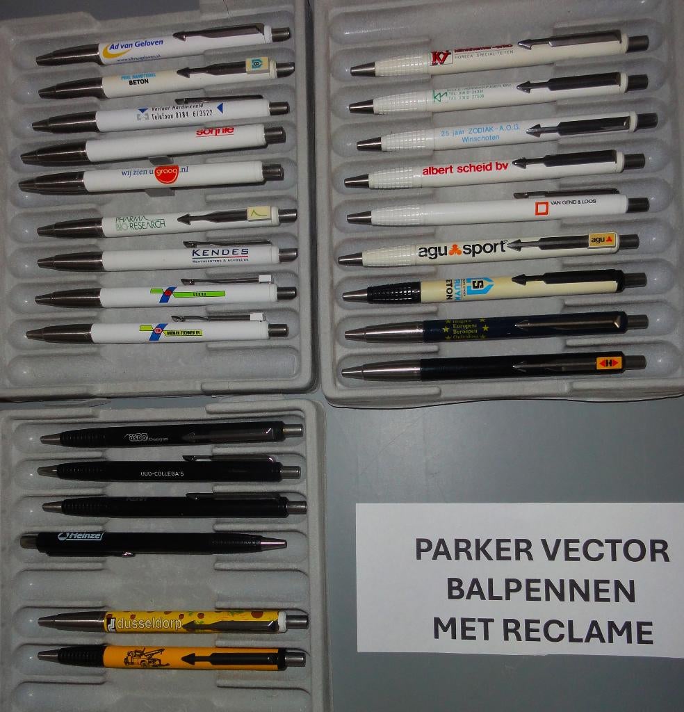 24 X PARKER BALPENNEN MET RECLAME .. NU VOOR, Verzamelen, Pennenverzamelingen, Ophalen of Verzenden, Zo goed als nieuw, Met reclame