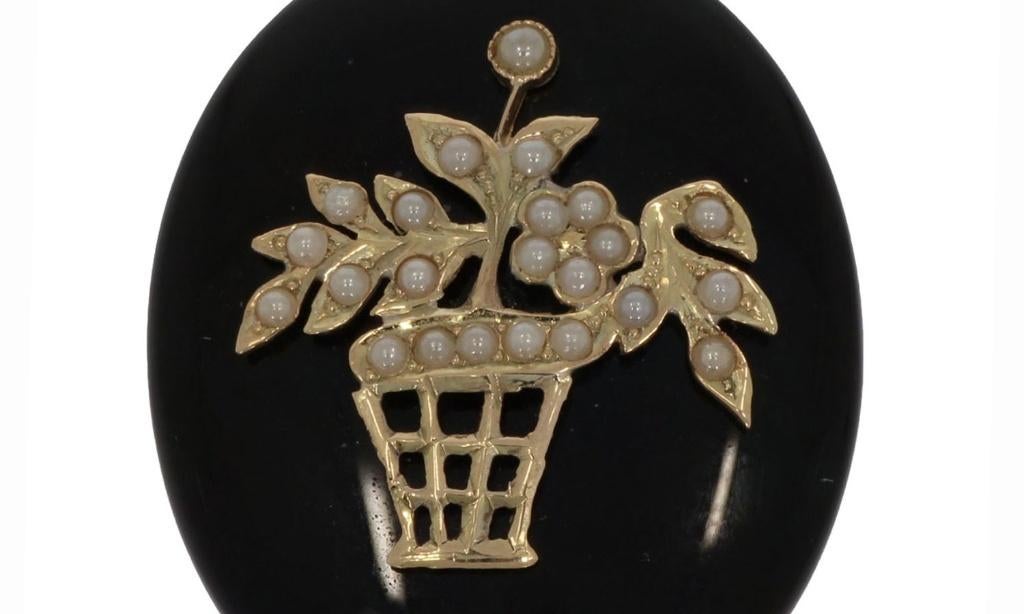 Bloemen mand onyx antieke 14k gouden hanger medaillon foto, Sieraden, Tassen en Uiterlijk, Antieke sieraden, Verzenden, Goud, Hanger
