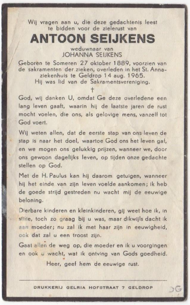 Antoon Seijkens 1889 Someren + 1965 Geldrop, 75 jaar, Verzenden