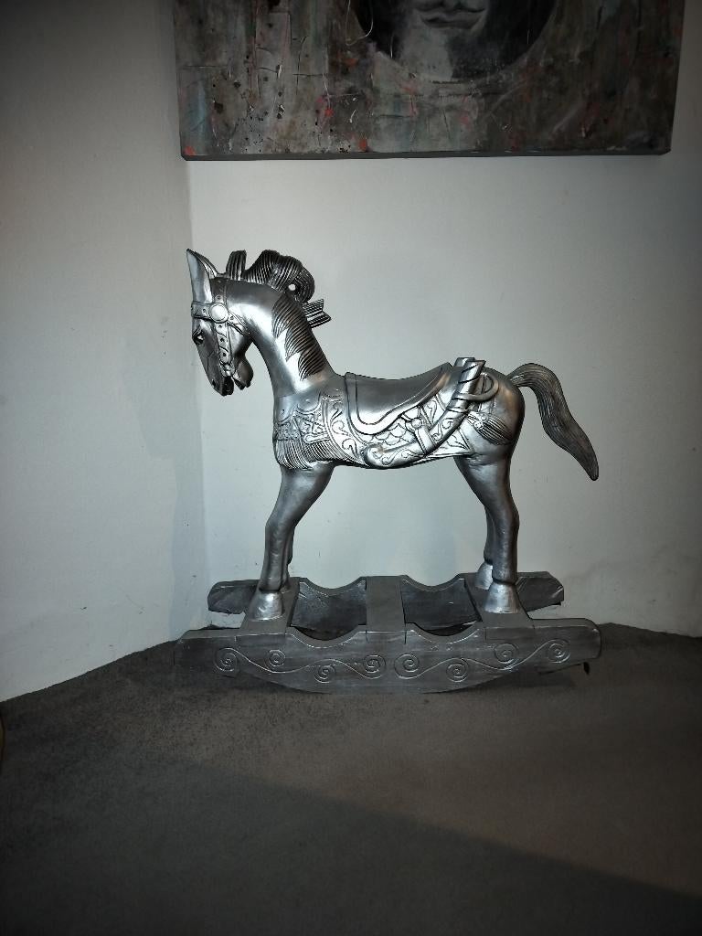 Massief Houten Schommelpaard Hobbelpaard zilverkleur, Ophalen, Zo goed als nieuw