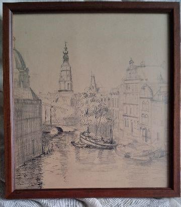 Oude schans Montelbaans toren Amsterdam, Antiek en Kunst, Kunst | Schilderijen | Klassiek, Ophalen of Verzenden