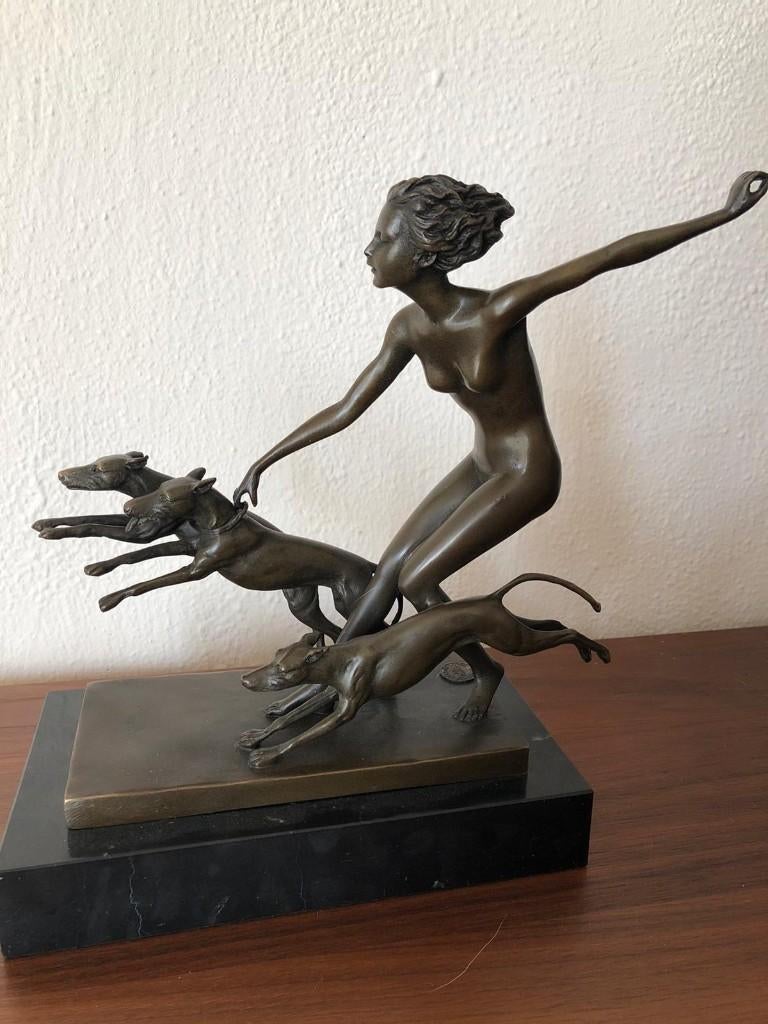 bronzen sculptuur Diana  m 3 windhonden hond hazewindhond, Ophalen of Verzenden