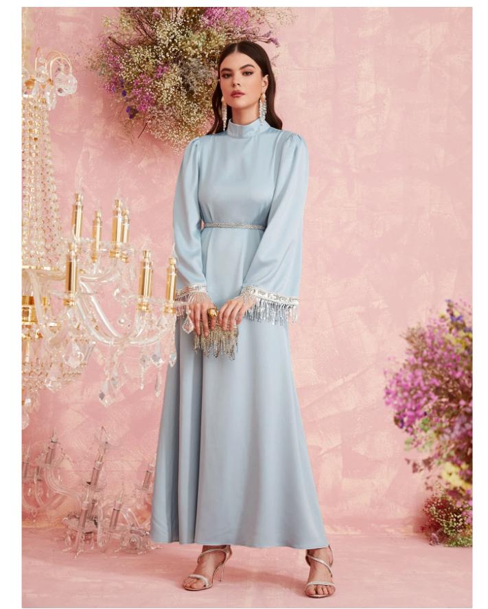 Lange satijnen jurk licht blauw maat 34 36, Overige typen, Zo goed als nieuw, Maat 34 (XS) of kleiner, Verzenden