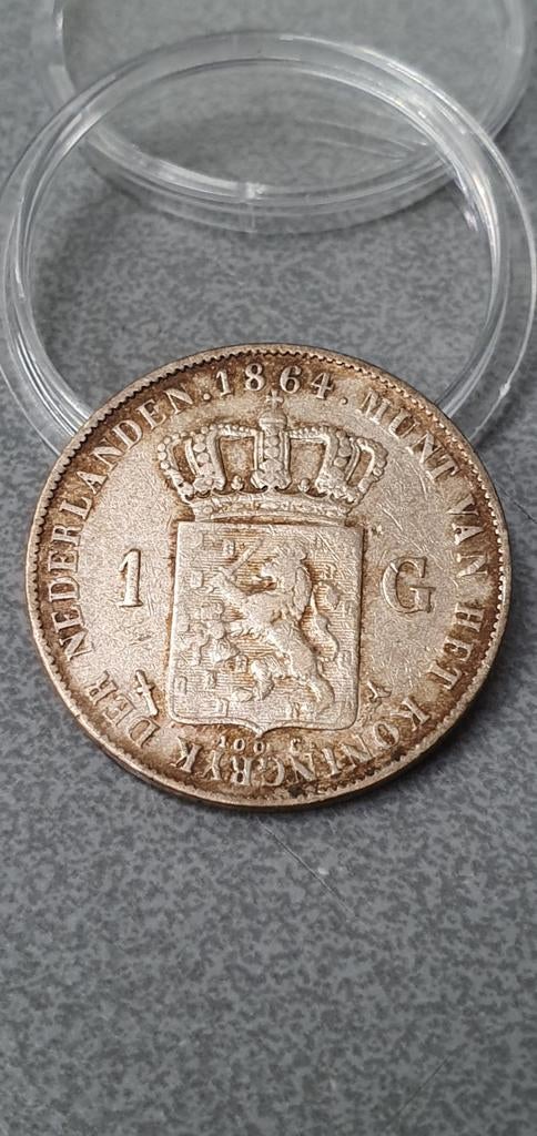 Zilveren 1 Gulden 1864 - Koning Willem III, 1 gulden, Koning Willem III, Zilver, Ophalen of Verzenden