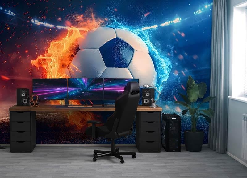 Fotobehang / Behang - Kinderkamer - Voetbal in Vurig Duel, Voetbal, Blauw, Ophalen of Verzenden, Minder dan 10 m²