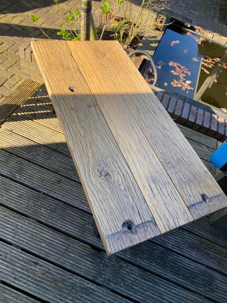 Salontafel van massief eiken wagondelen, Ophalen, Gebruikt, 50 tot 100 cm, Minder dan 50 cm