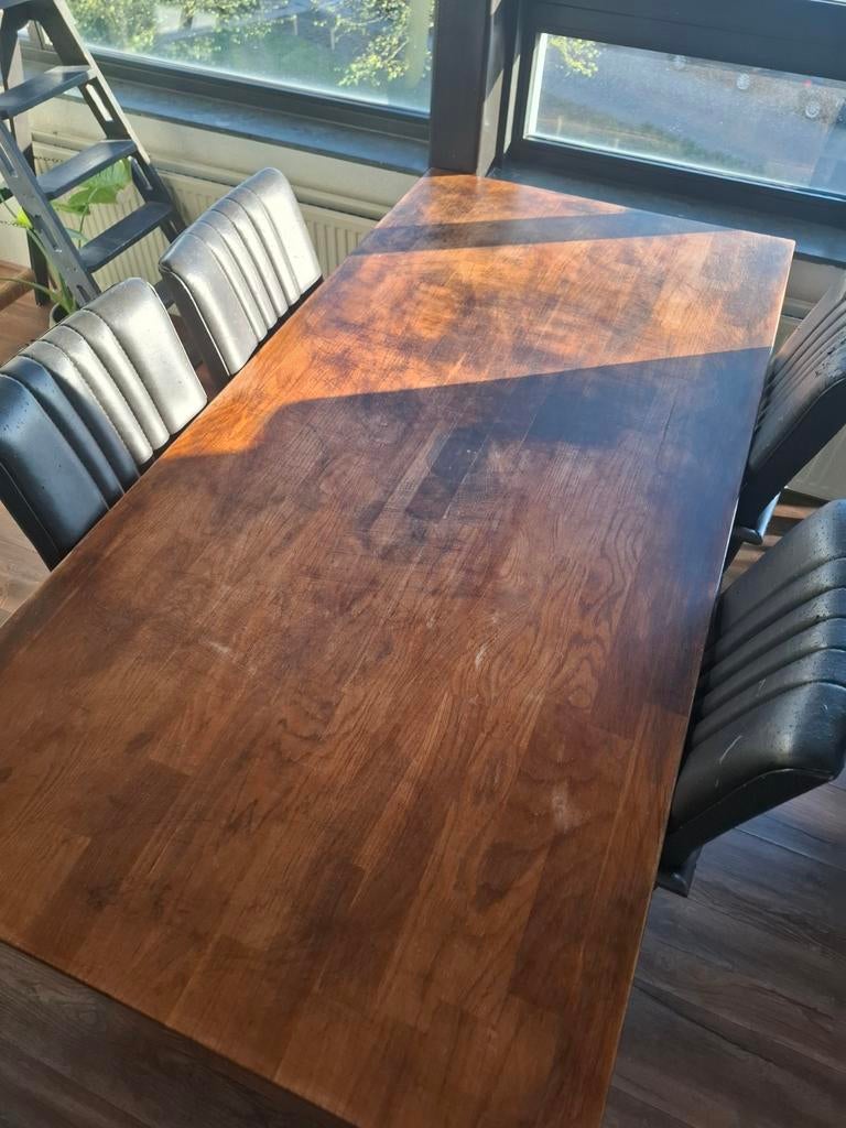 Houten eettafel met zwart metalen onderstel, Ophalen, Gebruikt, 200 cm of meer, 50 tot 100 cm