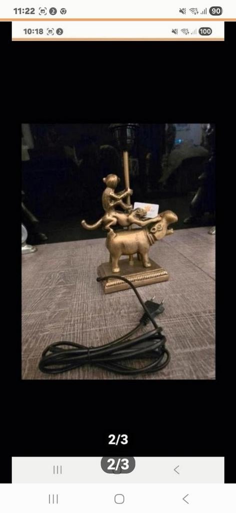 Unieke gouden tafellamp met aap en nijlpaard, 50 tot 75 cm, Nieuw, Ophalen of Verzenden, Metaal