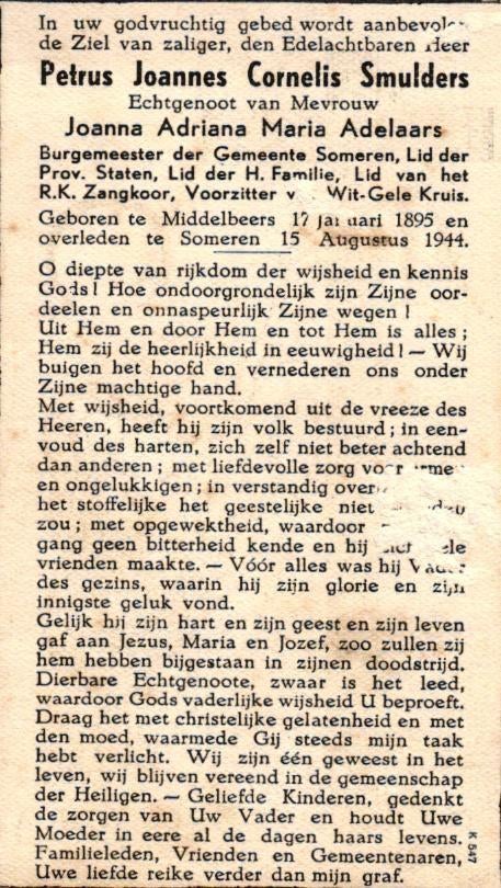 Smulders Petrus Joannes Cor. Middelbeers 1895-1944 Someren, Ophalen of Verzenden