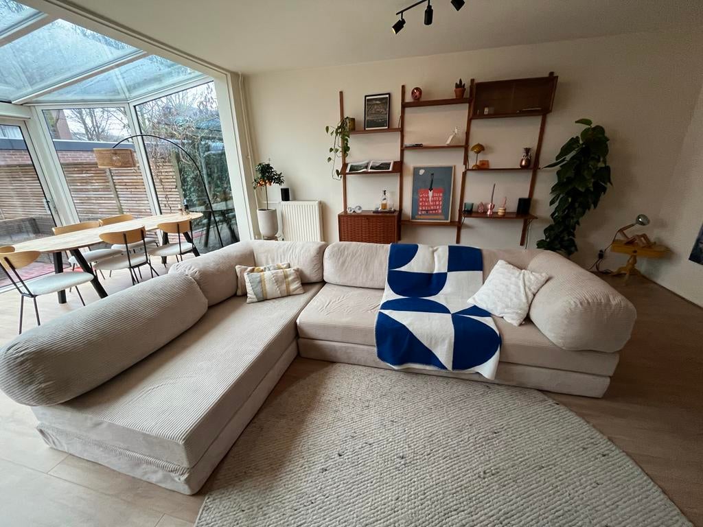 Lichte/beige ribstof hoekbank, Huis en Inrichting, Banken | Bankstellen, 250 tot 300 cm, 100 tot 125 cm, Hoekbank, Ophalen of Verzenden