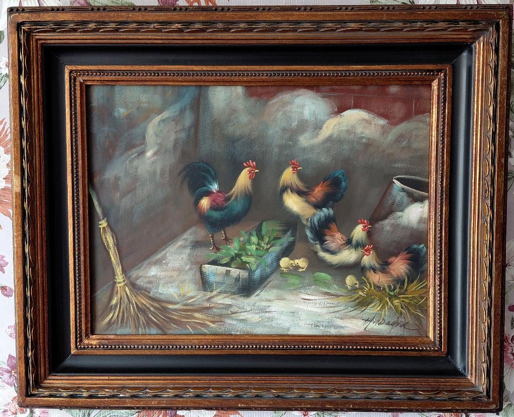 Schilderij met Haan en kip, Antiek en Kunst, Ophalen of Verzenden