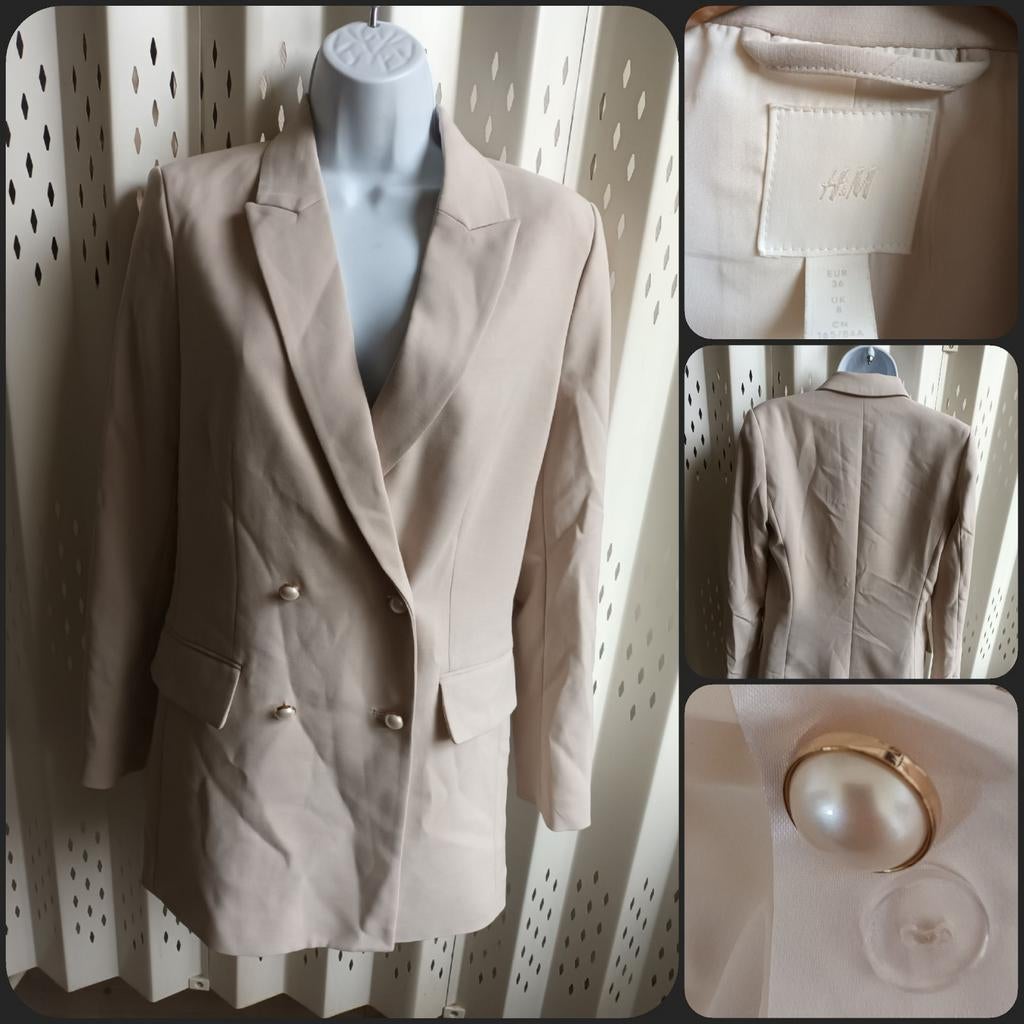 H&M Beige Double-Breasted Blazer Stretch Maat 36 (S), Kleding | Dames, H&M, Beige, Ophalen of Verzenden, Zo goed als nieuw
