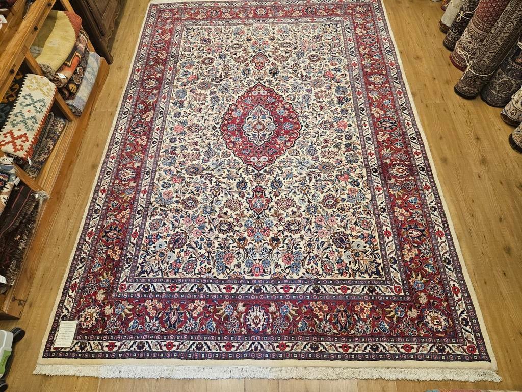 Handgeknoopt perzisch tapijt mashad 365x245, Info@SlatsAntiek.nl, Crème, Perzisch, Vof Slats Antiek