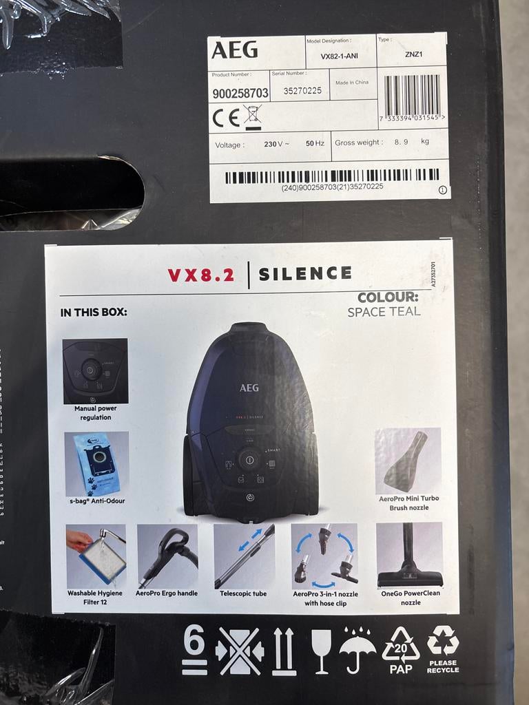 AEG VX8.2 Silence Stofzuiger - Nieuw (doos beschadigd), Witgoed en Apparatuur, Stofzuigers, Nieuw, Stofzuiger, Stofzak, Ophalen of Verzenden