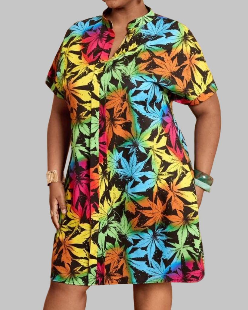 Kleurrijke jurk met bladprint (46-54), Verzenden, Nieuw, Overige kleuren, Jurk